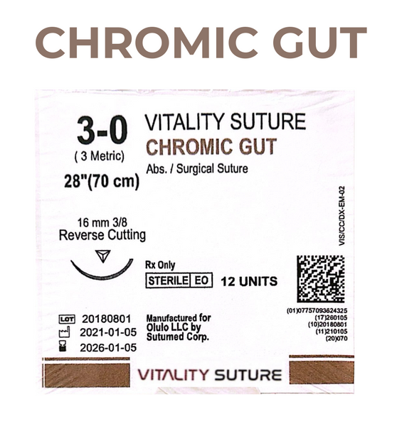 Chromic Gut Suture 3-0, 28" Thread with 16mm, 3/8 Reverse Cutting Needle. Brown.  - Vitality™(Box of 12)