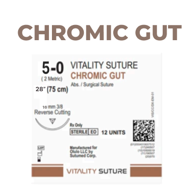 5-0 Chromic Gut Suture 16mm 3/8 Reverse Cutting 27". Box of 12.