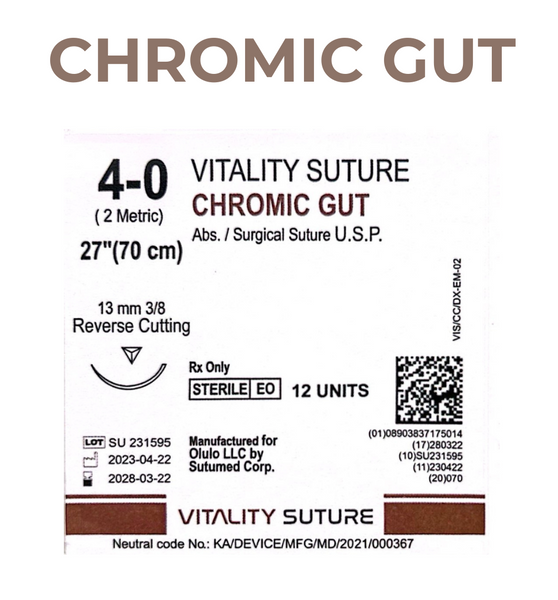 Chromic Gut Suture 4-0, 27" Thread with 13mm, 3/8 Reverse Cutting Needle. Brown. - Vitality™(Box of 12)