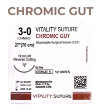 Chromic Gut Suture 3-0, 27" Thread with 19mm, 3/8 Reverse Cutting Needle. Brown.  - Vitality™(Box of 12)