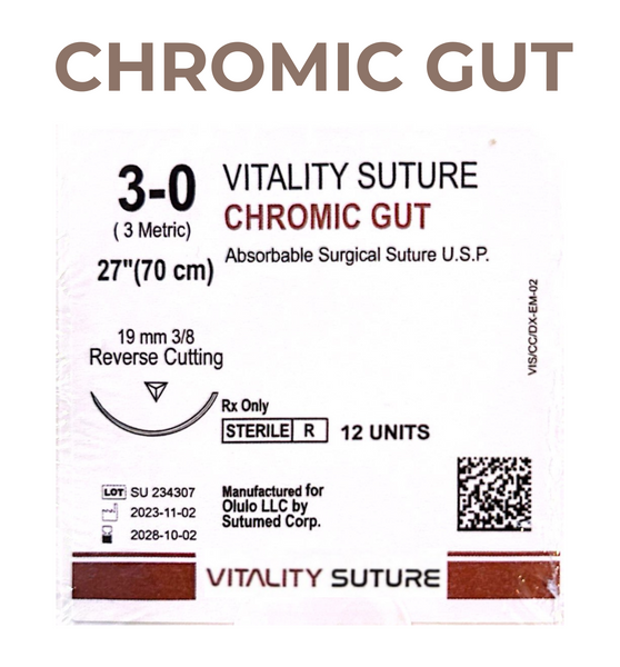 Chromic Gut Suture 3-0, 27" Thread with 19mm, 3/8 Reverse Cutting Needle. Brown.  Information.