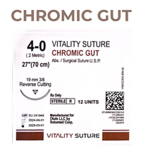 Chromic Gut Suture 4-0, 27" Thread with 19mm, 3/8 Reverse Cutting Needle. Brown.  - Vitality™(Box of 12)