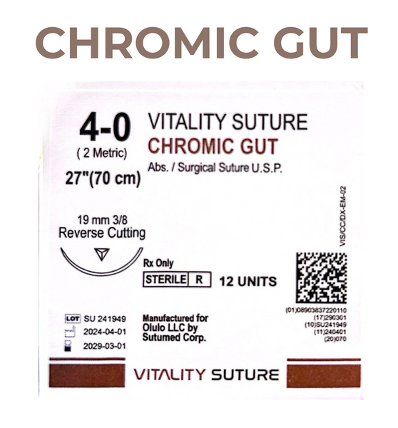 Chromic Gut Suture 4-0, 27" Thread with 19mm, 3/8 Reverse Cutting Needle. Brown.  - Vitality™(Box of 12)