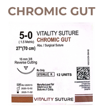 Chromic Gut Suture 5-0, 27" Thread with 19mm, 3/8 Reverse Cutting Needle. Brown.  - Vitality™(Box of 12)