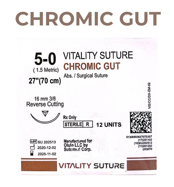 Chromic Gut Suture 5-0, 27" Thread with 16mm, 3/8 Reverse Cutting Needle. Brown.  - Vitality™(Box of 12)